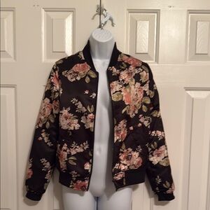 Black and Pink Floral Satin Bomber Jacket